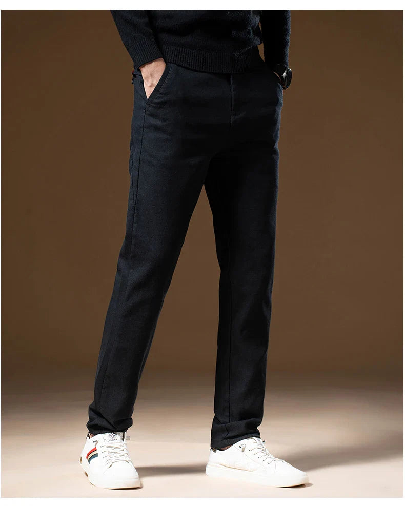 Korean Business Casual Fleece Men Pants Winter Thickened Straight Thermal Casual Pants Male Fashion Stretch Warm Velvet Trousers