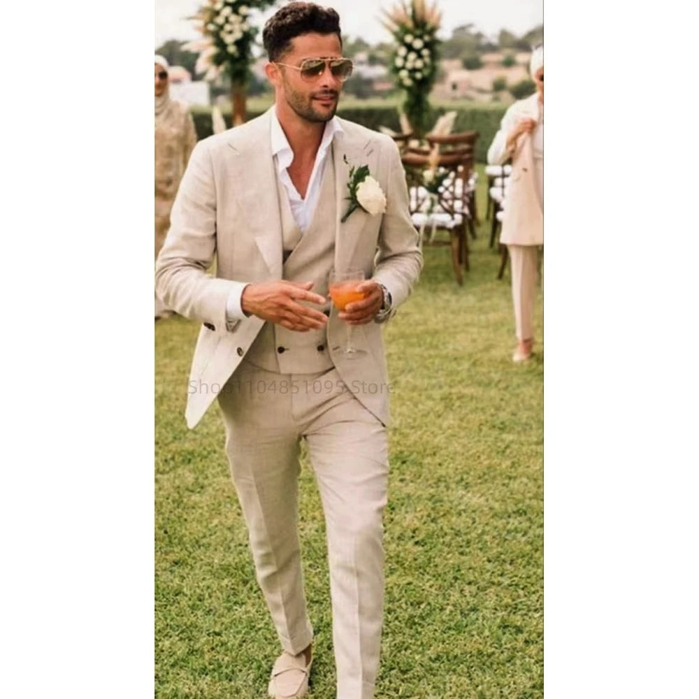 3-piece Beige Linen New Arrival Groomsmen Peak Lapel Groom Tuxedos Men Suits Wedding Best Blazer Beach Party( Jacket+Vest+Pants)