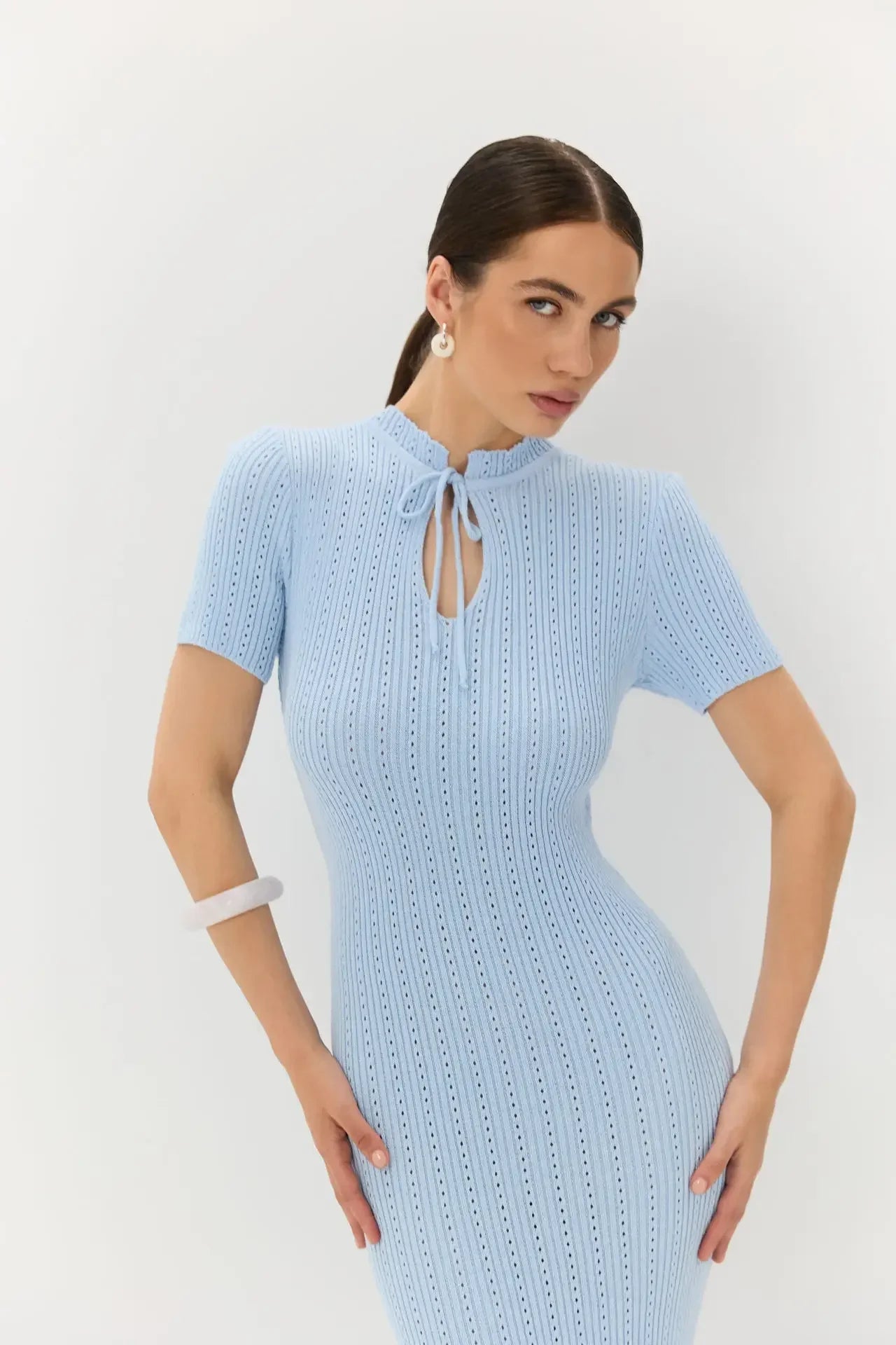 Long Dress Female Short Sleeve Slim Hollow Retro Elegant Sweater Dress 2025 Summer High Waist Woman Dress