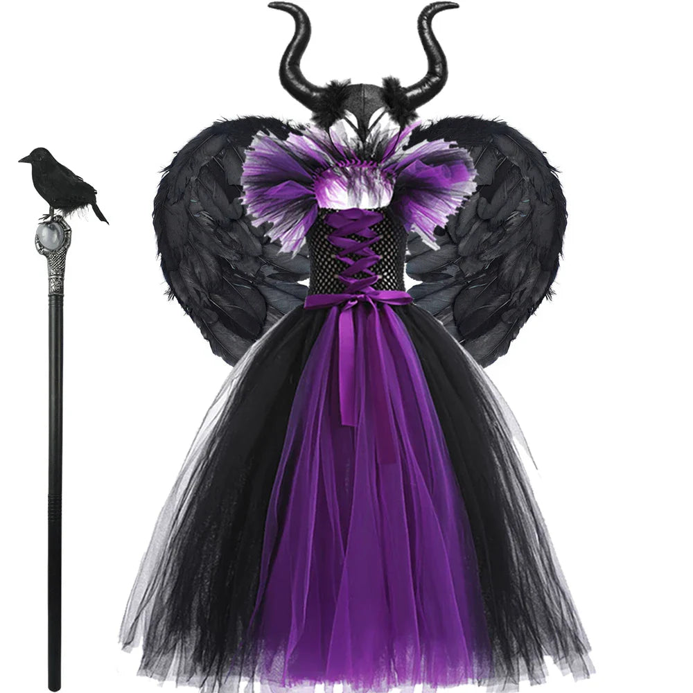 Fantasia Malévola Infantil Meninas Vestido Princesa Bruxa Festa a Fantasia Roupa de Carnaval Infantil Disfarce sem Mangas