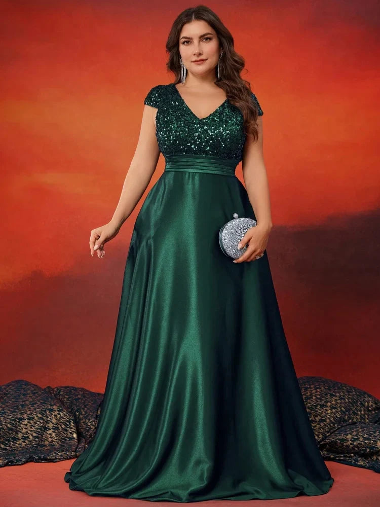 Plus Size Elegant V-Neck Red Sequins Evening Dress Long Luxury Women Satin Sleevesless Party Prom Cocktail Gowns