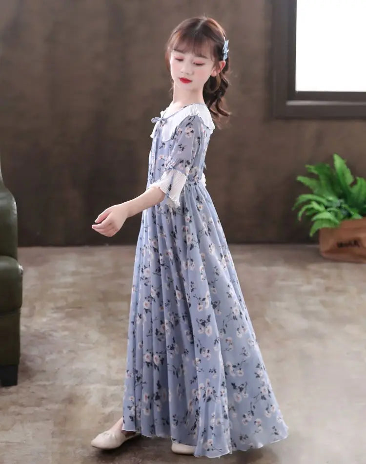 Long Floral Princess Party Dress for Girls 5-16Y Summer Elegant Bohemian Chiffon Maxi Dresses Teenage Girl Holiday Clothes 13 14