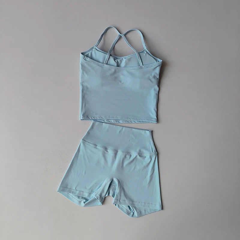 Women's yoga exercise set, popular slim shoulder yoga vest paired with high waisted, waist hugging, naked yoga three part shorts