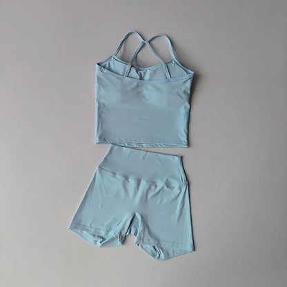 Women's yoga exercise set, popular slim shoulder yoga vest paired with high waisted, waist hugging, naked yoga three part shorts