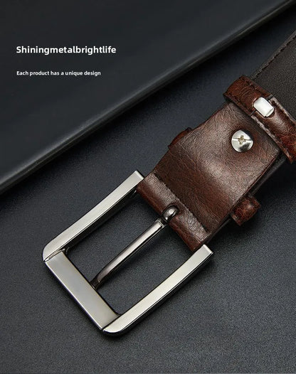 Men's Belt Boys Genuine Leather Belt Pin Buckle Belt Brown Middle-aged Youth Casual Trendy Men's Belt，Ideal for gifting