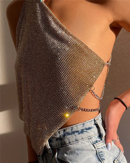 Shiny Rhinestone Metal Camisole For Women Sexy Backless Single shoulder Side Split Tank Tops Cocktail Party Club Crop Top Y2K
