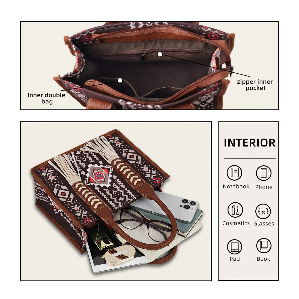 Ethnic print hand-held crossbody bag set with tassel decoration and small coin purse, suitable for daily commuting