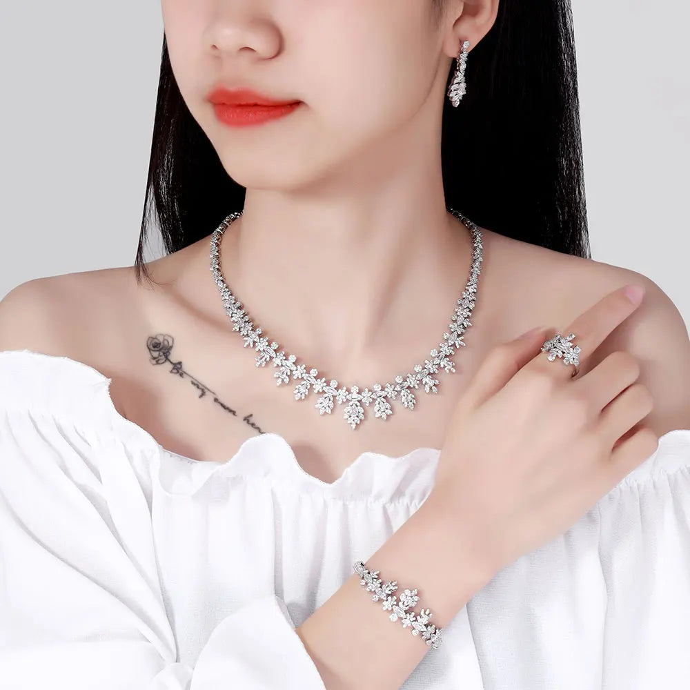 Luxury Women's Jewelry Elegant Style Bride CZ Necklace Earrings Bracelet Ring Jewelry Set&M Bride Large Wedding Jewelry Set