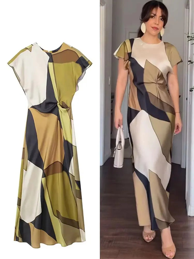 Summer Women Dress Fashion Vintage Print O-Neck Midi Dress Waist Cinched Casual Chic Woman Elegant Dresses