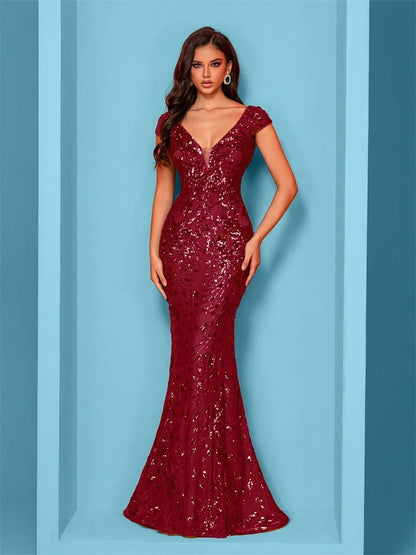 Elegant Champagne Evening Dress For Women Long 2024 Luxury Mermaid Formal Sequins Prom Wedding Party Cocktail Dresses