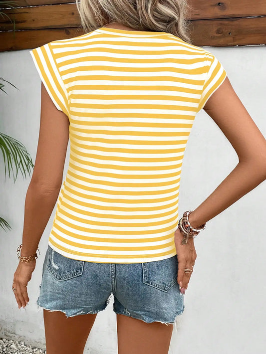 Summer personality fashion striped color combination of high-grade short-sleeved ladies T-shirt