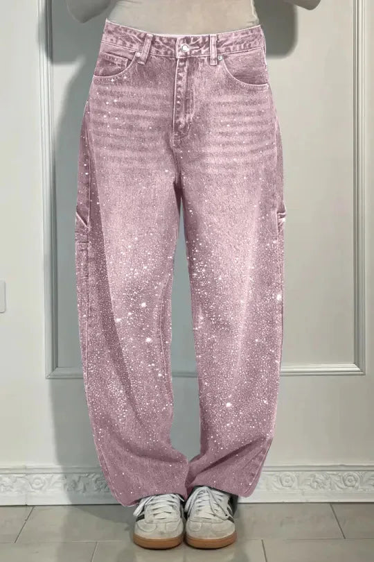 Calça Jeans Feminina Mom Pantalona Perna Larga Hot Drilling Cintura Alta Reta Y2k Streetwear Casual Punk Solta