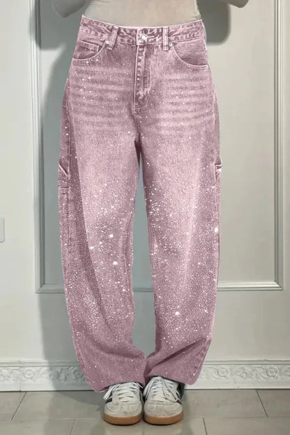 Calça Jeans Feminina Mom Pantalona Perna Larga Hot Drilling Cintura Alta Reta Y2k Streetwear Casual Punk Solta