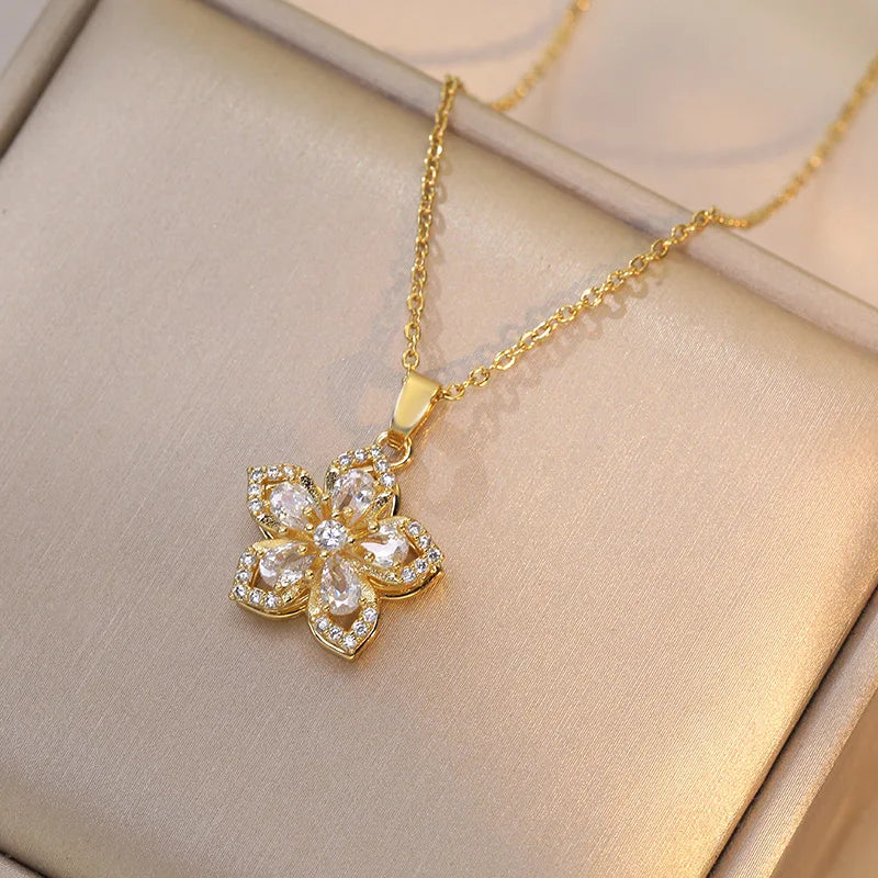 316L Stainless Steel Gold Plated Romantic Rotatable Flower Zirconia Pendant Necklace For Women Girls Charm Luxury Jewelry