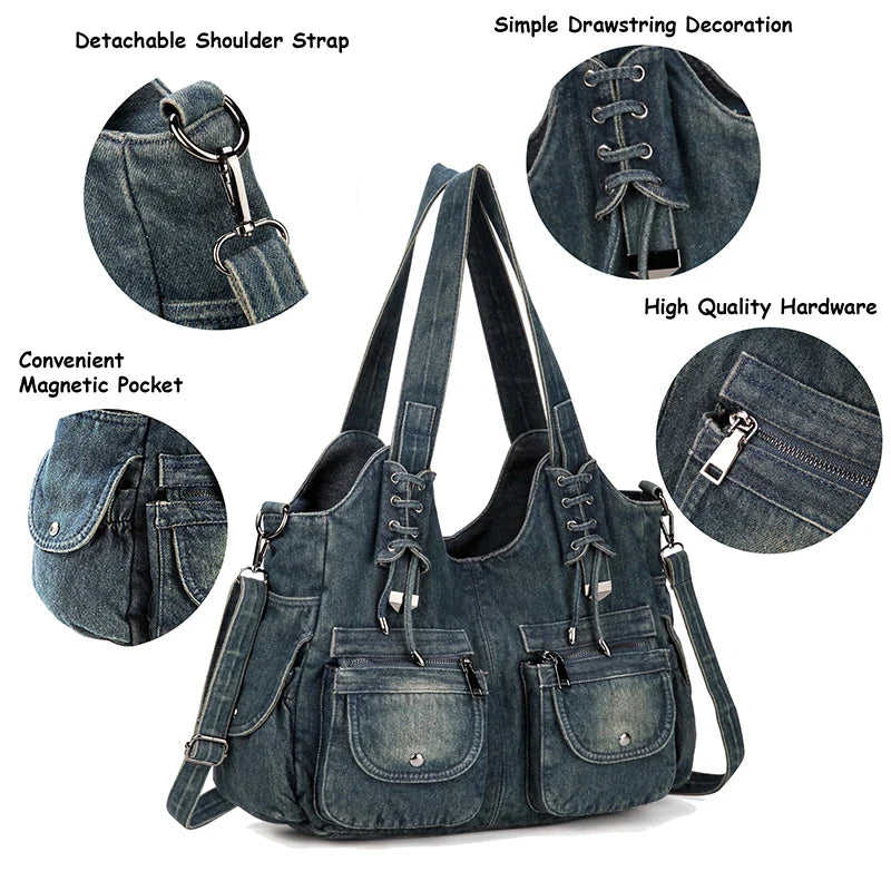 Women's Denim Bag Y2K Vintage Blue Jean Purse and Handbags Crossbody Shoulder Wallet Large Capacity