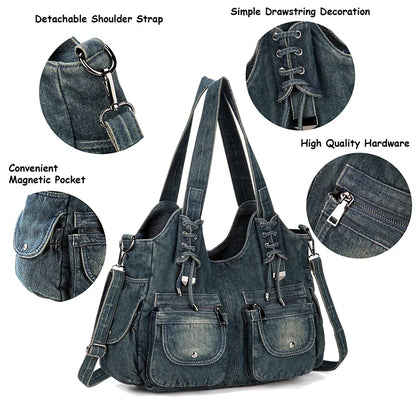 Women's Denim Bag Y2K Vintage Blue Jean Purse and Handbags Crossbody Shoulder Wallet Large Capacity