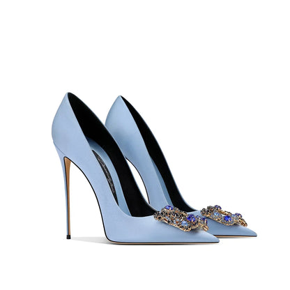 2026 Spring and Autumn New Women's Blue High Heels Pointed Thin Heel Rhinestone Square Buckle Dress Fashion Women's Shoes