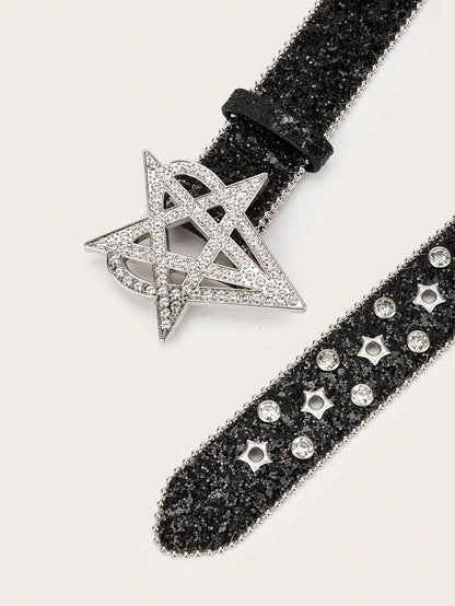 1pc Men's Y2K Punk Six-pointed Star Rhinestone Buckle Glitter Rhinestone Belt, A Versatile Belt To Match Jeans