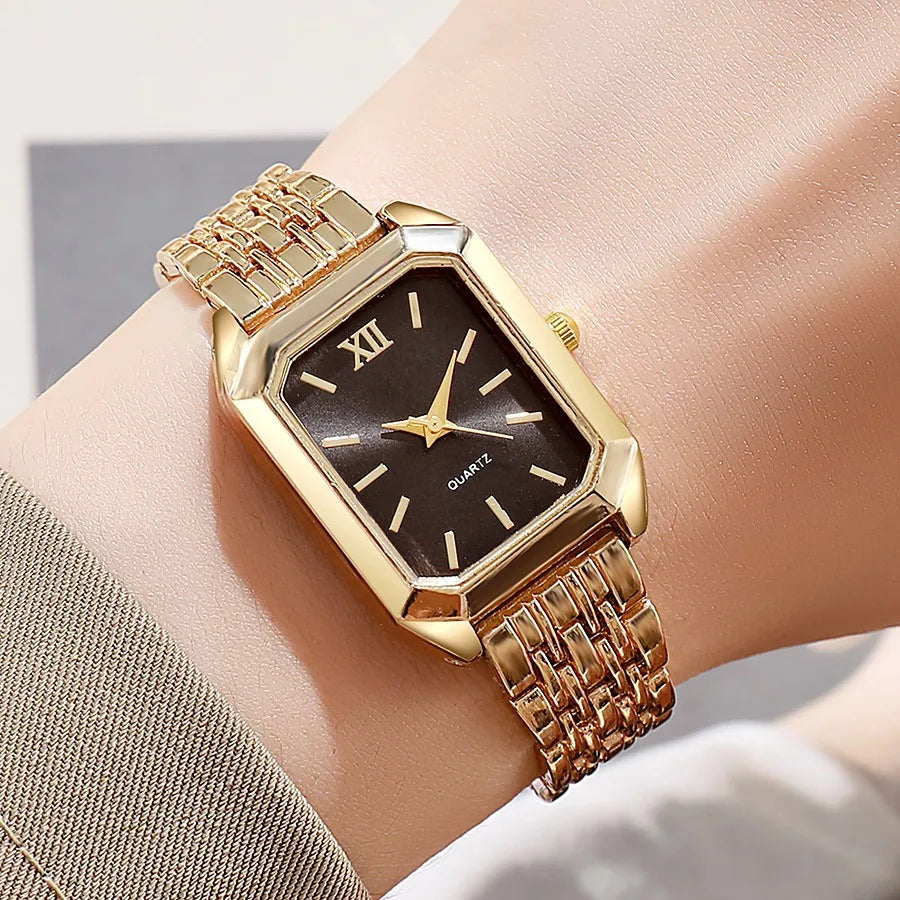 Luxury Women's Quartz Watch Set Fashion Alloy Band Business Ladies Watches Square Quality Gold Plated Folding Female Clock