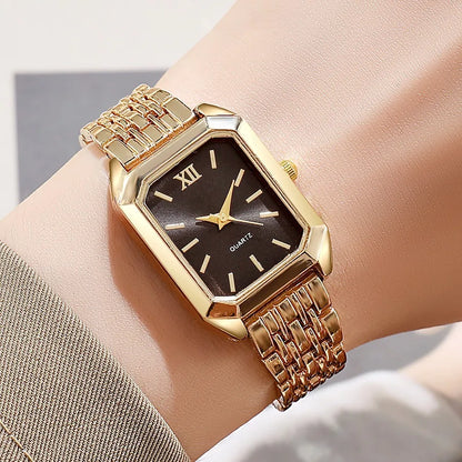 Luxury Women's Quartz Watch Set Fashion Alloy Band Business Ladies Watches Square Quality Gold Plated Folding Female Clock