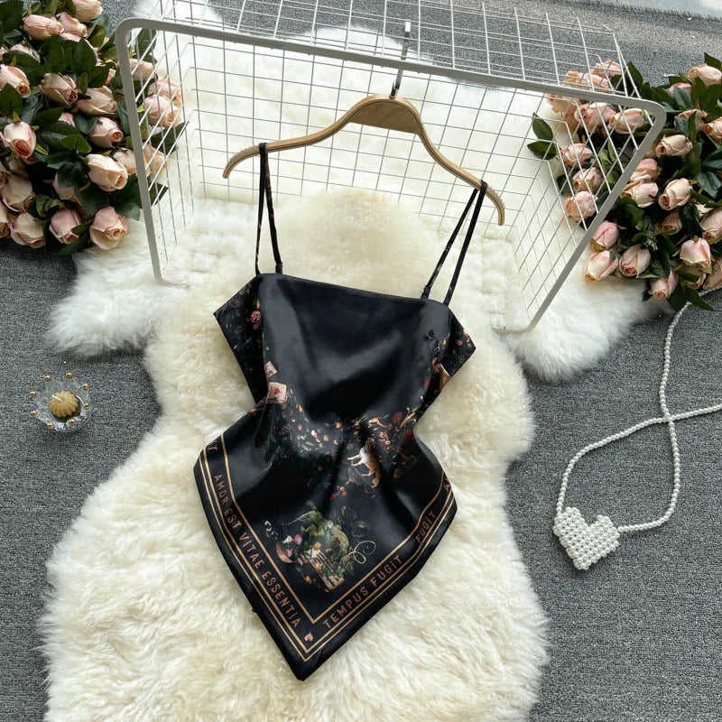 Women Sexy Backless asymmetrical lace-up Camis Print Tank Top Chic One-piece Corset Bustier Summer Beach vacation Crop Top