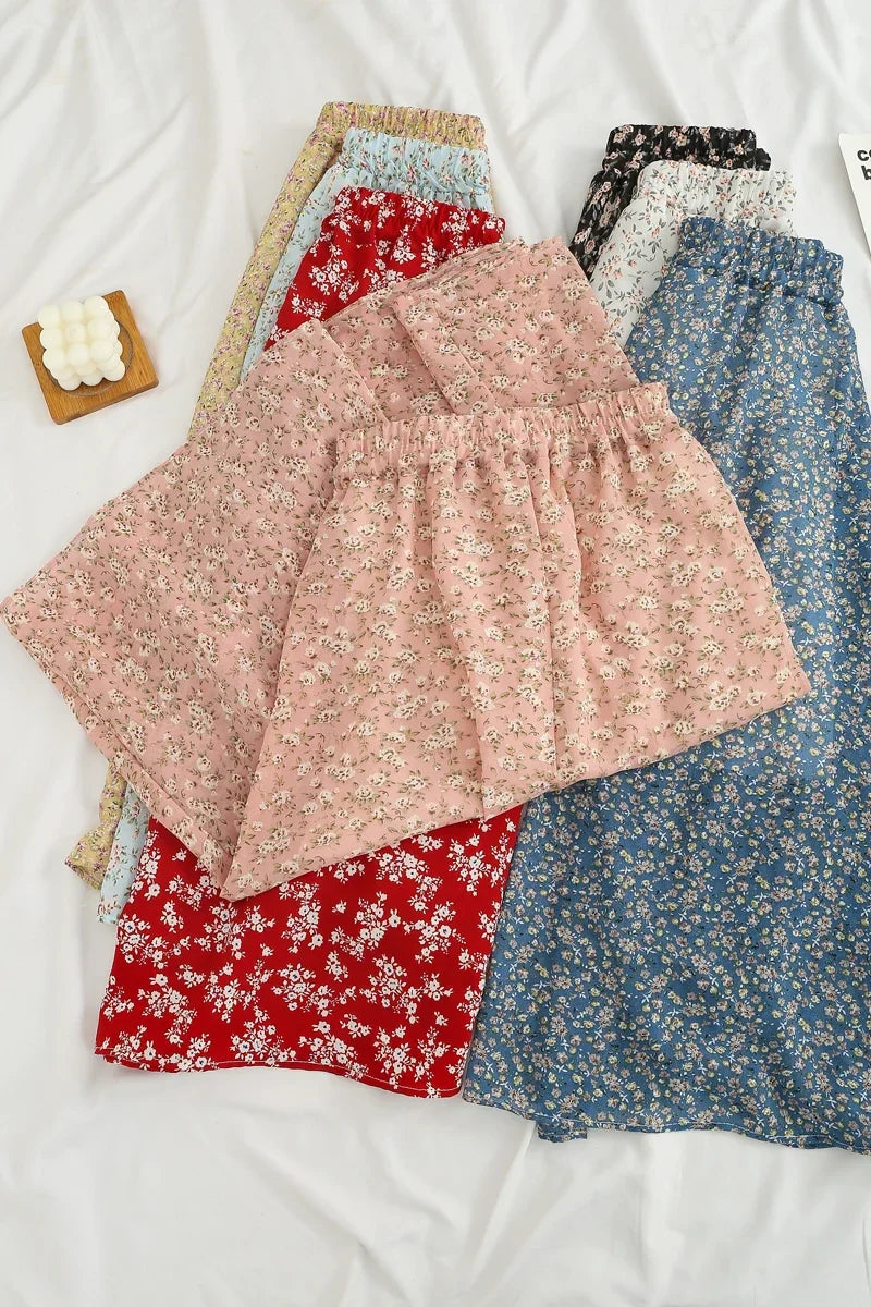 Women's Summer Skirts Vintage Floral Printed Chiffon Skirts High-waisted Elastic Waist Relaxed Mid-length Skirts Beach Skirts