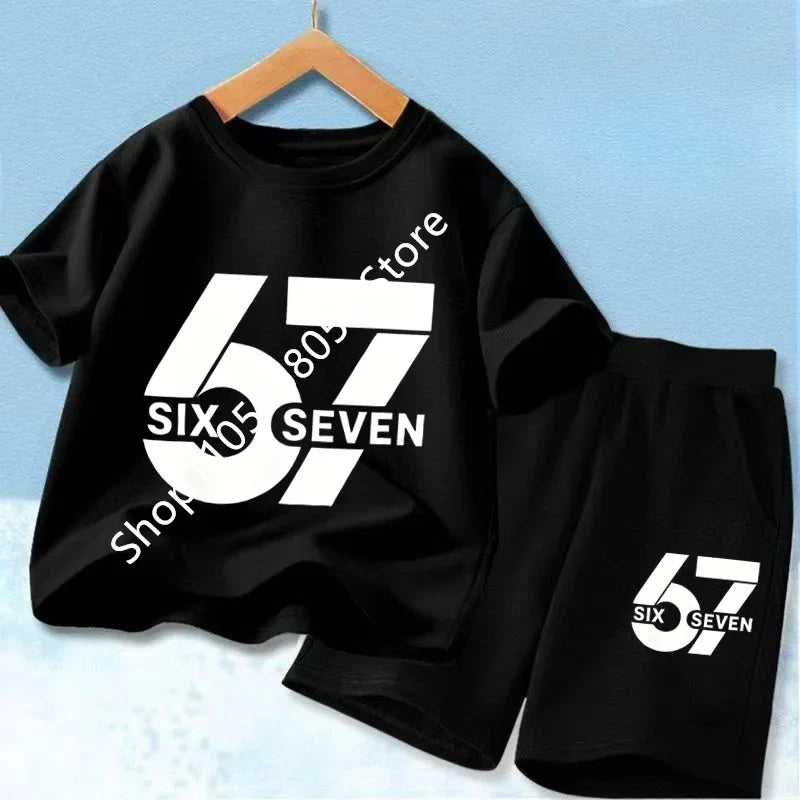 New 67 Number Six Seven Print Kids Cool Summer T-shirt 3-12Yrs Clothes Cartoon Short-sleeved+Shorts Boys Girls Sports Casual Set