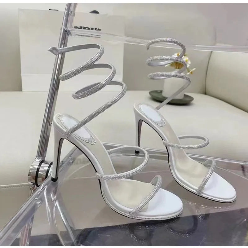 Luxury Rhinestones Snake Coiled Stiletto Heeled Women Gladiator Sandals 2024 Summer Silver Sole High heels Banquet Wedding Shoes