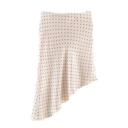 Elegant Women's Polka Dot Satin Midi Skirt High Waist Asymmetrical Hem Flowy Slip Skirt