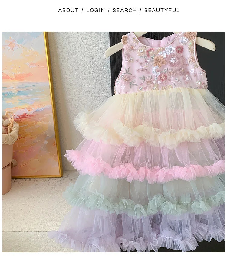Vestido Regata para Meninas Verão 2025 Novo Vestido Elegante de Malha com Babados para Meninas Vestido Princesa Roupa Infantil de Fada
