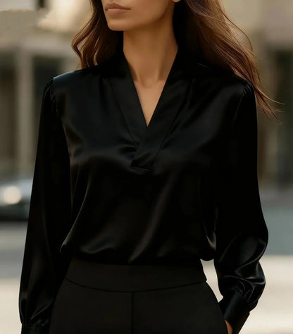 Elegant V-Neck Long Sleeve Blouse for Women Soft Satin Office Chic Top