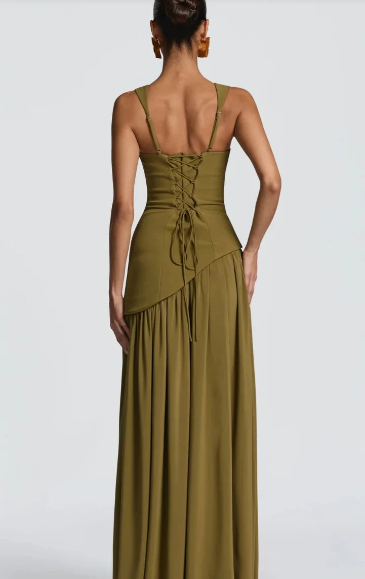 Summer Elegant Olive Green Maxi Dress for Women Flowy Long Dress with Scarf Birthday Party Beach Graduation dress