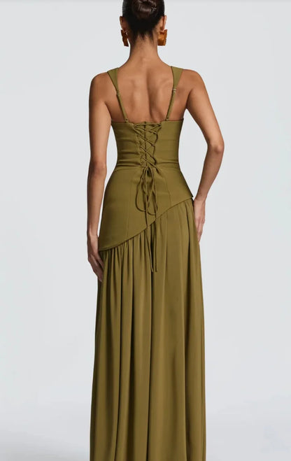Summer Elegant Olive Green Maxi Dress for Women Flowy Long Dress with Scarf Birthday Party Beach Graduation dress