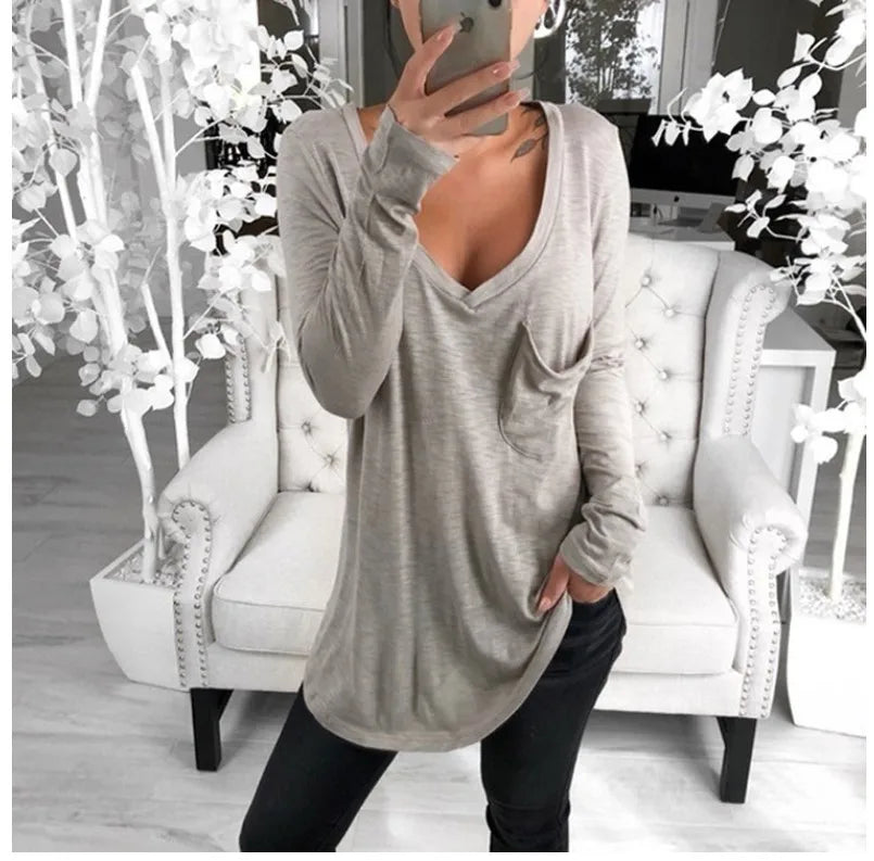 Women's Solid Color Fashion V-neck Long Sleeved T-shirt Ladies Casual Simple T-shirt