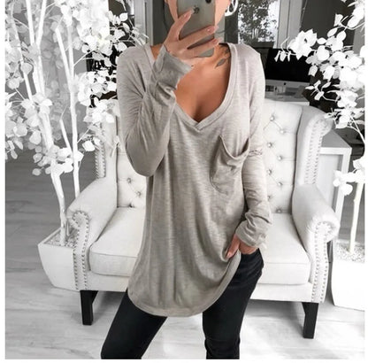Women's Solid Color Fashion V-neck Long Sleeved T-shirt Ladies Casual Simple T-shirt