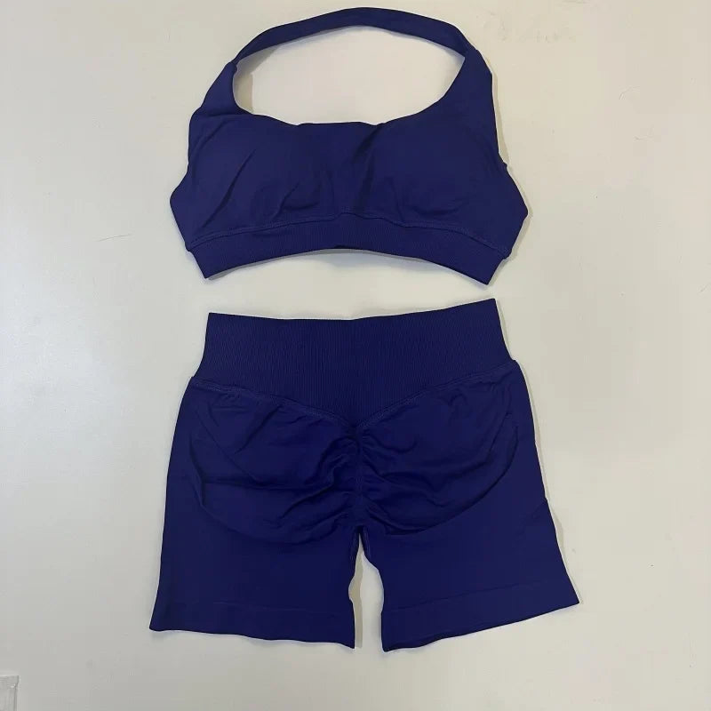 Yoga Shorts Set Seamless Yoga Set Workout Scrunch Shorts Sets Halter Sports Bra Scrunch Shorts Fitness Clothes Gym Suit