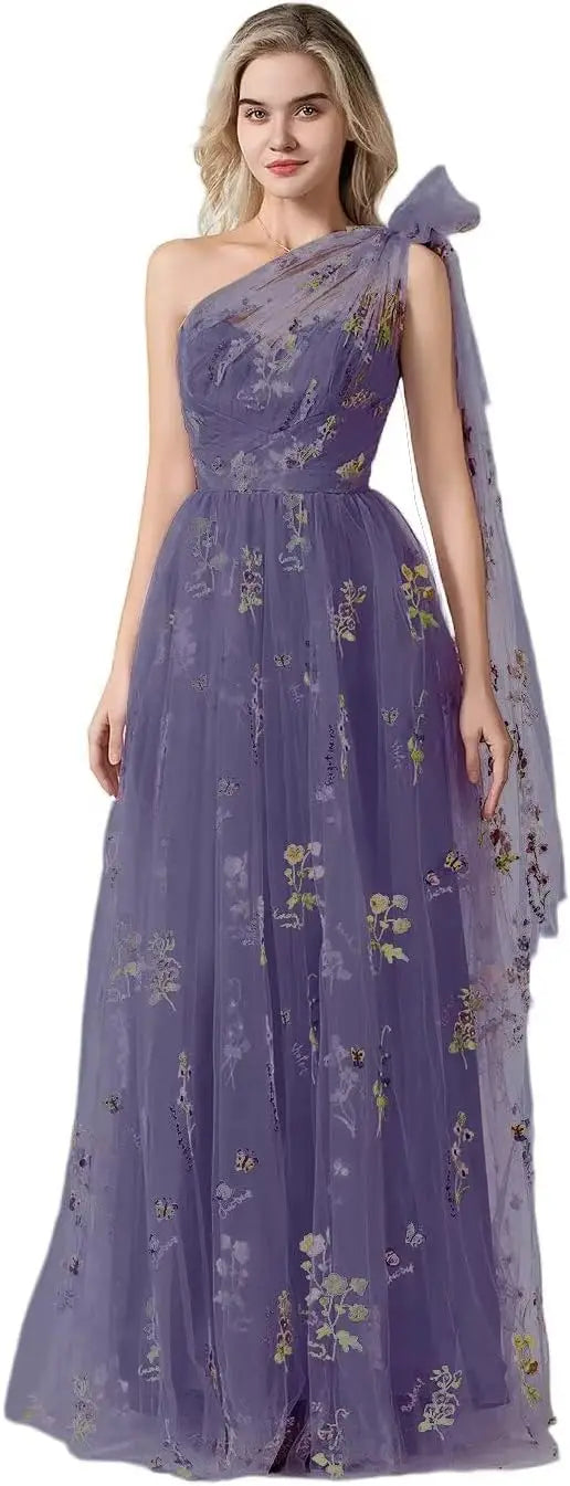 Vestido Longo de Formatura Feminino Elegante de Um Ombro Só com Bordado Floral em Tule, Modelo Godê para Festas de Gala
