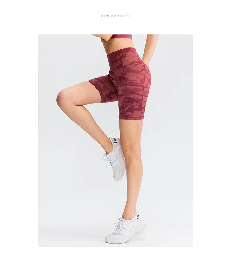 Women's printed nude yoga shorts with pockets skin-friendly tight stretch quick-drying sports fitness hiking running shorts