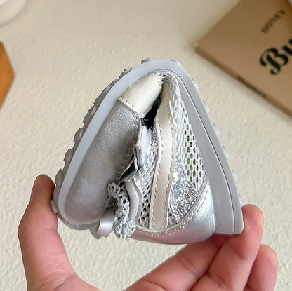 Kids'Casual Shoes Sneakers Mesh Bow Spring Summer Shoes For Girls Anti-slip Breathable Soft Bottom White Silver Shoes Size 23-36