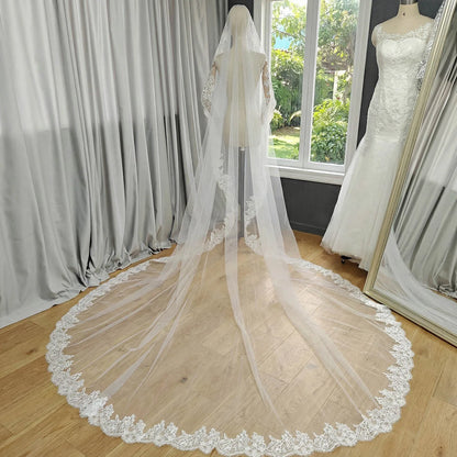 Customized Eyelash Lace Mantilla Veil, 3m*3m Long Bridal Veil with Chantilly Eyelash Lace, Ivory Wedding Veil with Hidden Comb