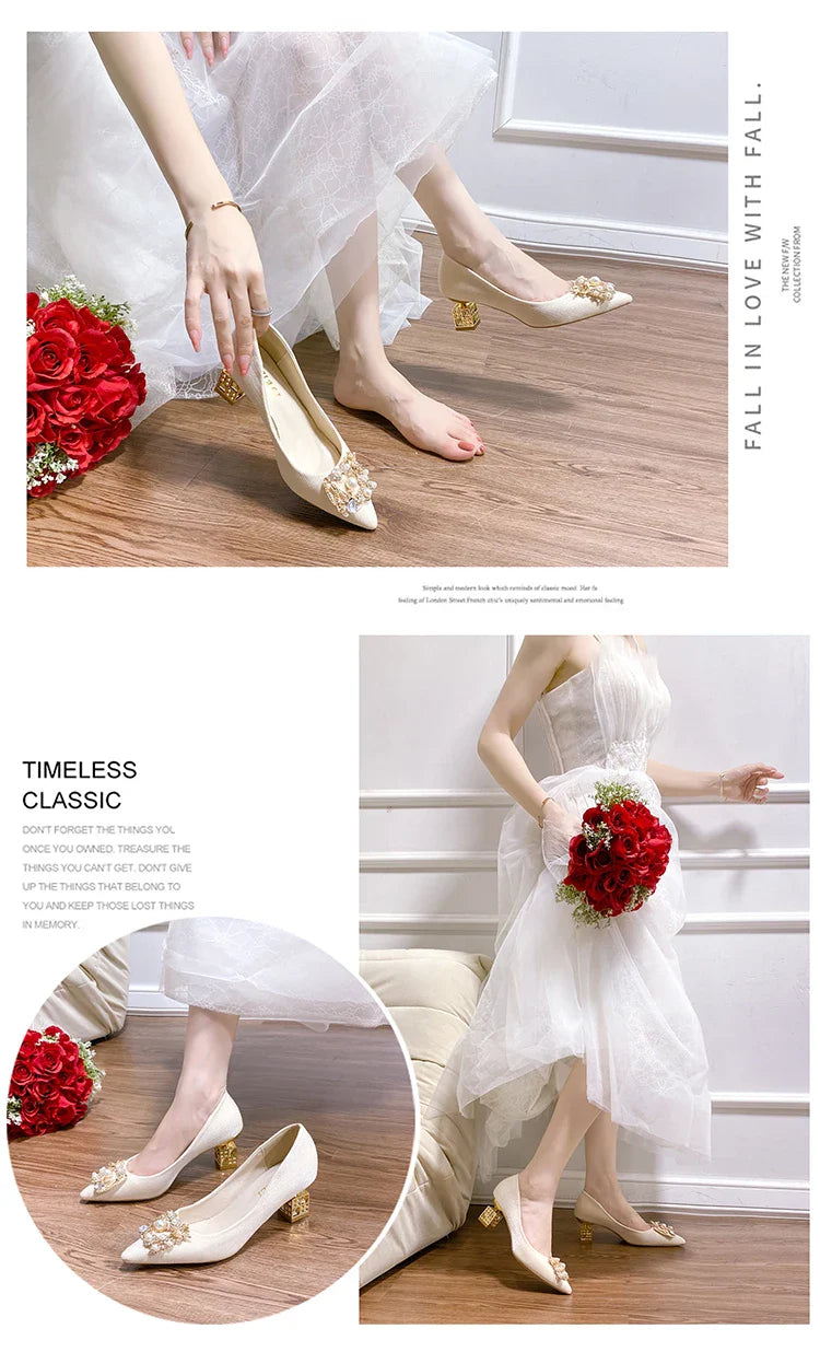 Autumn New Ladies High Heels Pointed Toe Shaped Heel High 5cm and 7cm Wedding Shoes Square Buckle Travel Banquet Shoe High Heels