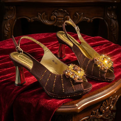 Brown Rhinestone Peep-Toe High Heel Sandals and Bag Set for Women –Elegant Italian Party Shoes Perfect for Wedding