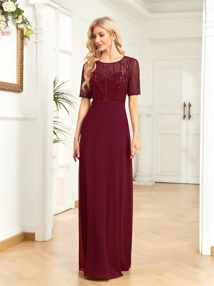 Elegant Short Sleeves Sequins Formal Evening Dresses Women Chiffon Mermaid Bridesmaid Party Maxi Prom Cocktail Gowns