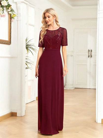 Elegant Short Sleeves Sequins Formal Evening Dresses Women Chiffon Mermaid Bridesmaid Party Maxi Prom Cocktail Gowns