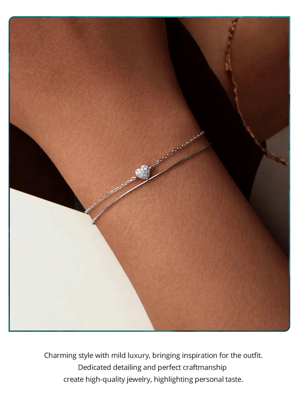 925 Sterling Silver Sparkling Heart Double Layer Bracelet for Women Adjustable Lock Chain Bracelet Fine Jewelry Gift