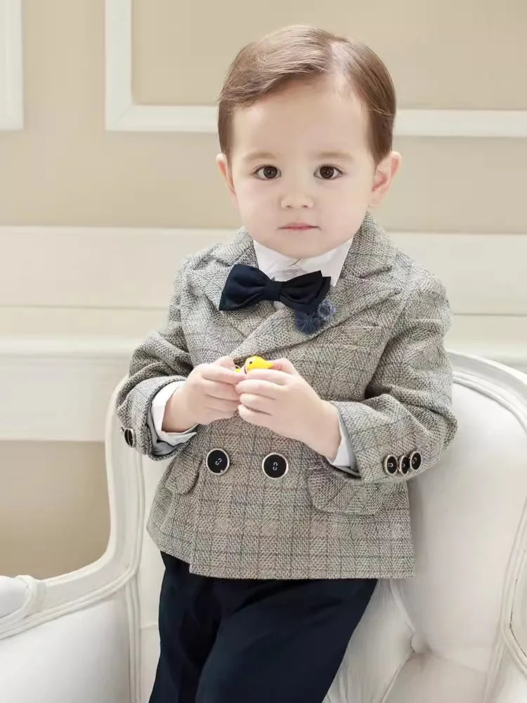 Children Photograph Suit Boys Jacket Pants Bowtie Flower 4PCS Wedding Suit NewBorn Kids Ceremony Party Tuxedo Dress Baby Costume
