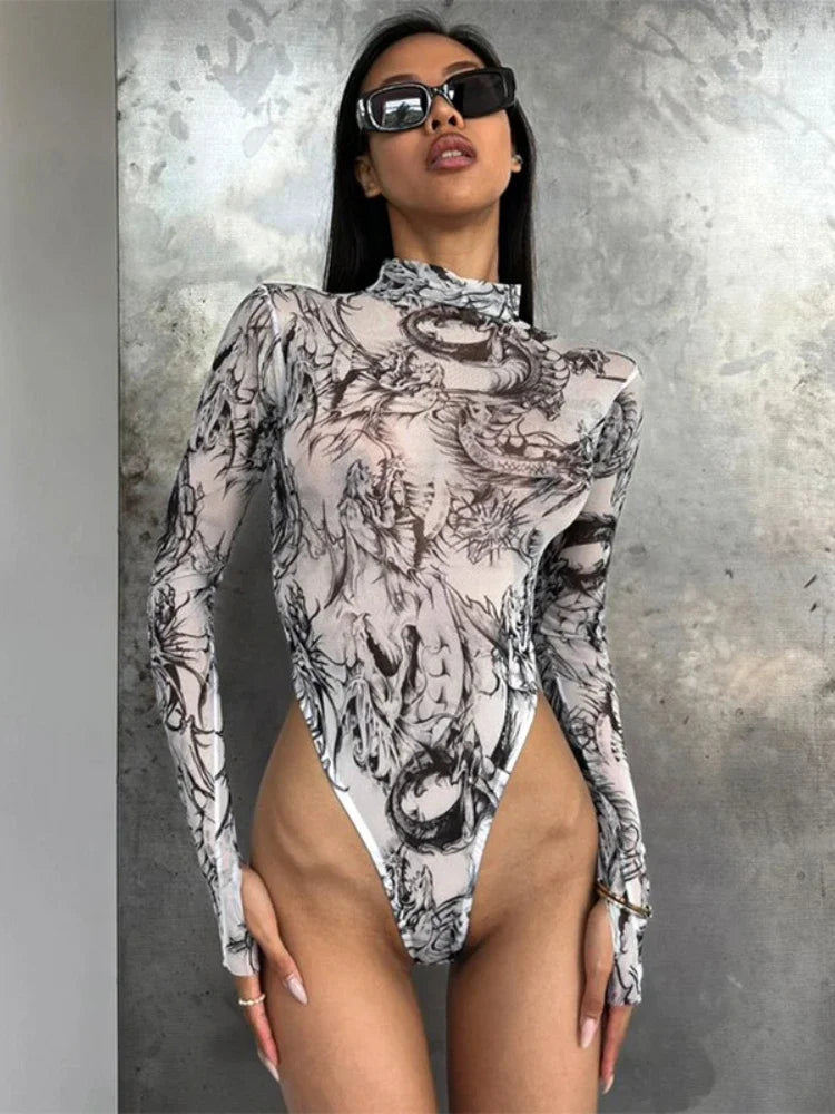 Tie Dye Sexy Bodysuit Lingerie Long Sleeve Corset Top Women One-Pieces Rave Outfit Bodycon Lenceria Femenina See Through Bustier