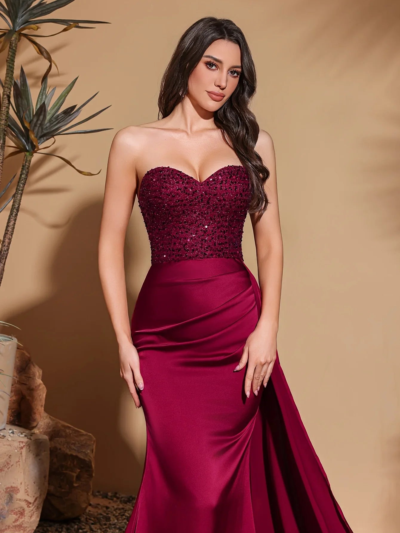 Satin waist pleated side flaps floor-length skirt, sequined spliced tube top dress