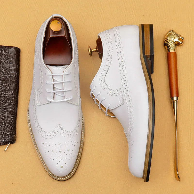 Luxury Men's Dress Shoes Genuine Leather Brogue Wingtip Toe Oxford White Lace-Up Business Wedding Formal Men Shoes
