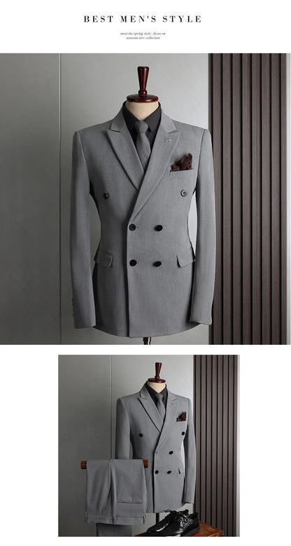 Man Suit Outfit Double-breasted Blazer Men V-neck Vest Straight-leg Pant Male Slim Business Wedding Three-piece Set